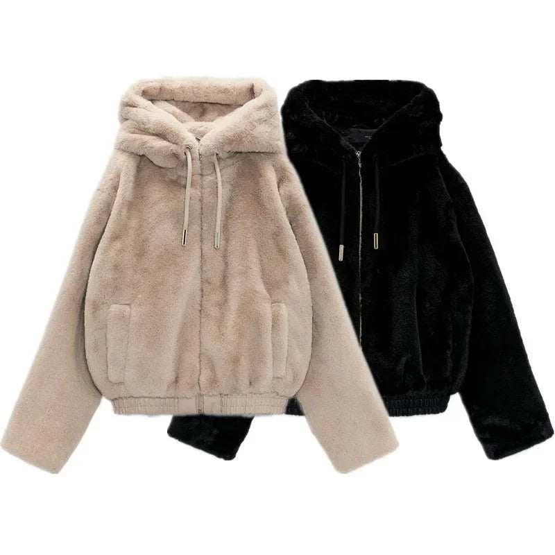 Winter Women's Casual Cotton Jacket With Hooded Artificial Fur Effect Elegant European Style Mid Age Loose Fit Coat