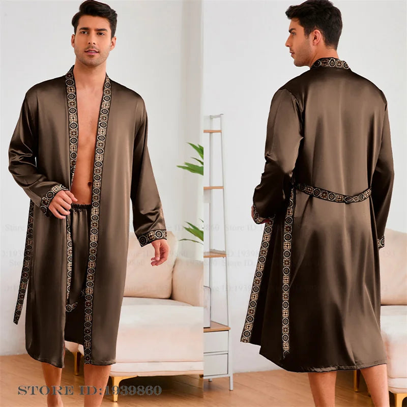 Men Long Robe Pajamas Set Baroque Style Kimono Bathrobe Gown Spring Summer Male Sleepwear Home Clothing Rayon Loungewear Pijamas