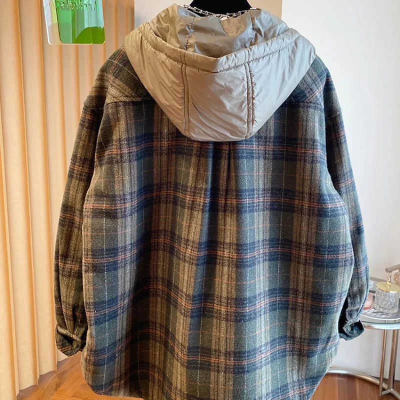 Winter Thiened Plaid Cotton Coat Women's Loose Korean Sle Hooded Jaet Long Sve Commute Faion Regular Length Single...