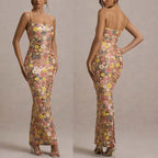 Summ Women Flowers Sequin Patchwork Slim Party Long Dress Strapless Fashion Maxi Dress, Sexy Sleeveless Ladies Dress Vestidos