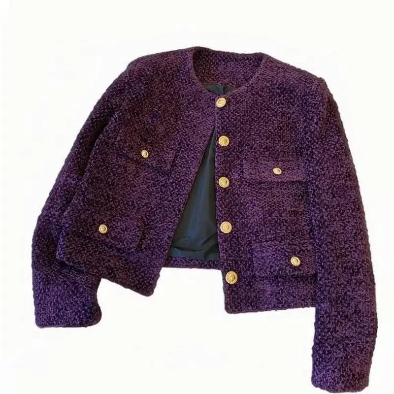 French Woolen Tweed Coat Small Fragrant O-neck Short Jacket Women High-end Metal Button Purple Tops Autumn Winter 012A