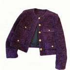 French Woolen Tweed Coat Small Fragrant O-neck Short Jacket Women High-end Metal Button Purple Tops Autumn Winter 012A