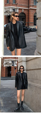 Women Black Brown Soft PU Leather Blazer Shoulder Pads Long Sleeve Single Breasted Loose Casual Jacket Tops Korean Fashion Coat