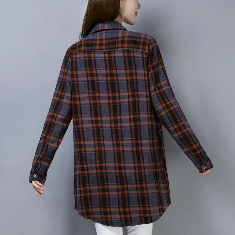 Women's Plaid Shirt Mid-Length Loose Fit Korean Casual Plus Size Long Sleeve Autumn Tops