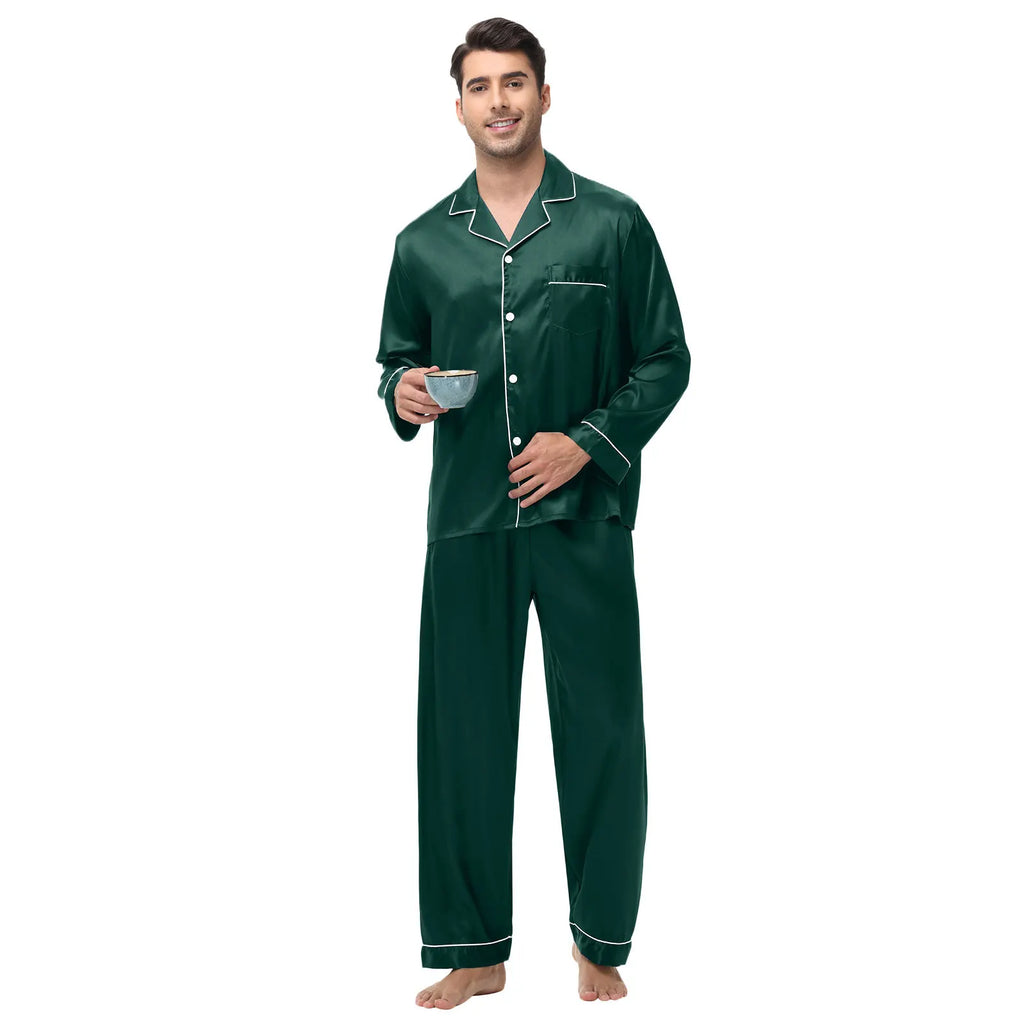 Men Pajamas Set Silk Satin Sleepwear