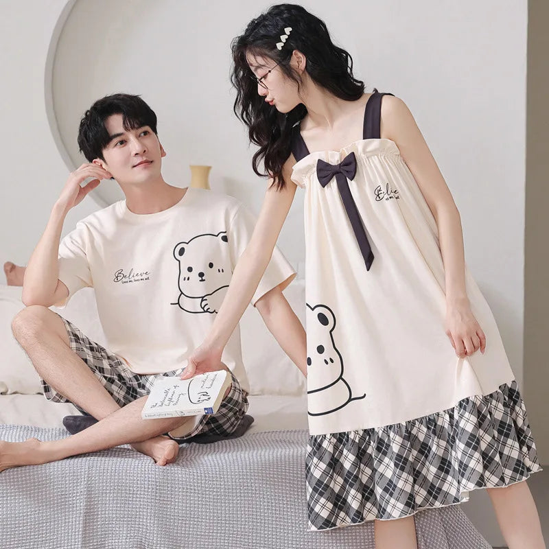 Summer Pyjamas Men Knited Cotton Pajamas Set Korean Sweet Pijamas Ladies Sexy Sleepwear Home Clothing For Youth Boy Girl