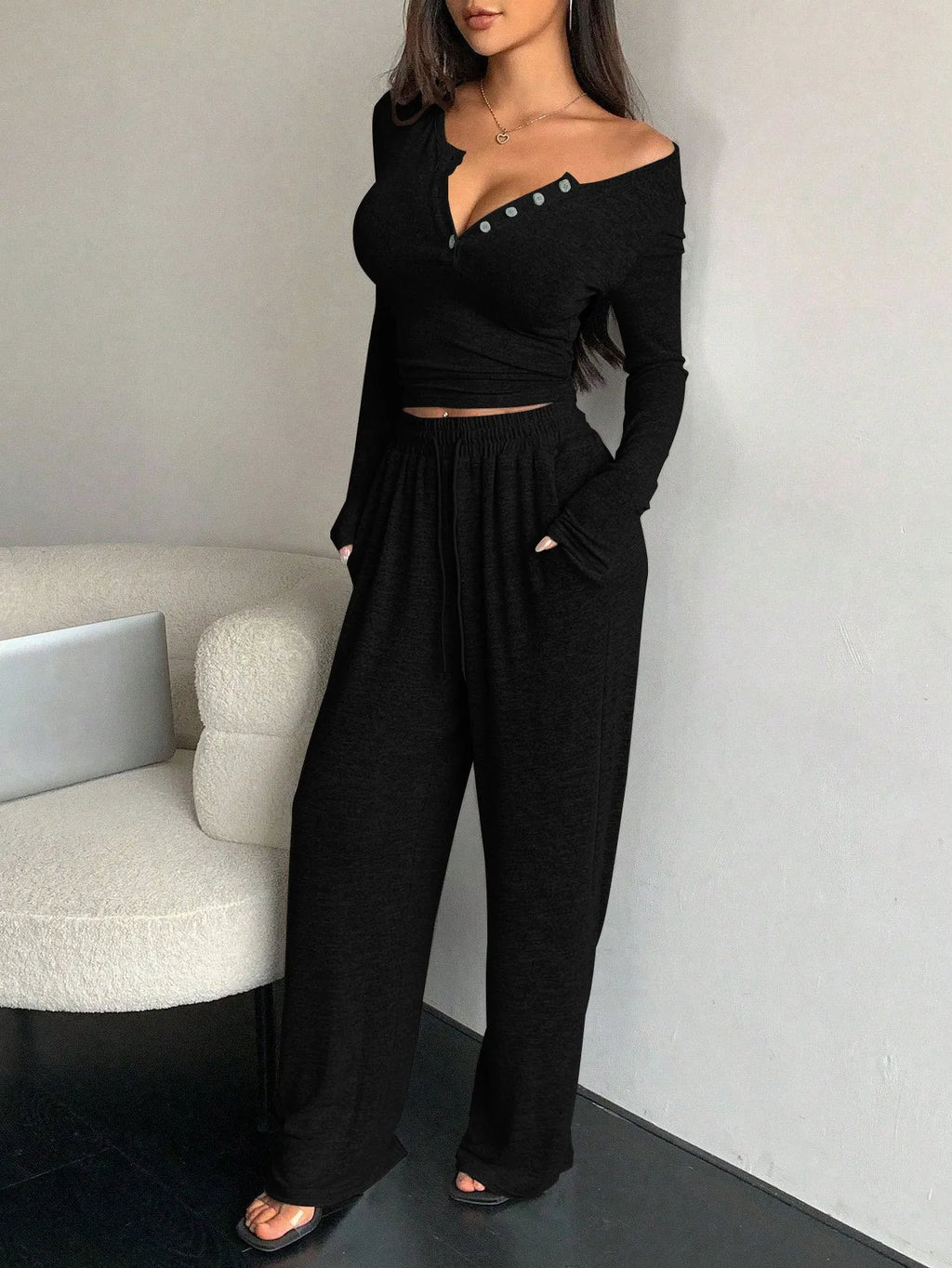 Women's Pajamas Sexy Tight-fitting Button V-neck Long-sleeved Drawstring Long Trousers Two-piece Set Casual Simple Homewear