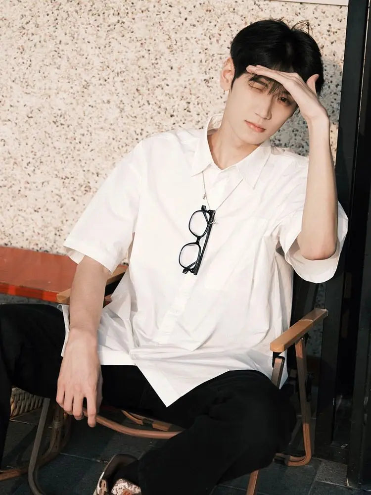 Japanese Short-sleeved Shirt Boy Boy's Stylish Brand Ins Solid Color Casual Summer Thin Retro Loose Shirt Jacket