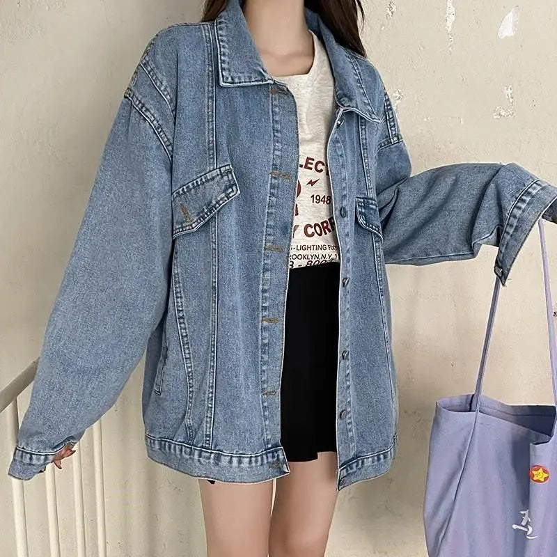 2025 Spring Autumn New Women Denim Jacket Boyfriend Loose Harajuku Design Unique Mid Length Casual All Match Outerwear
