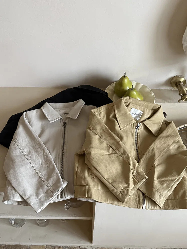 2025 Autumn New Children Long Sleeve Pu Leather Coat Fashion Girls Leather Jacket Solid Boys Lapel Zipper Jacket Kids Clothes