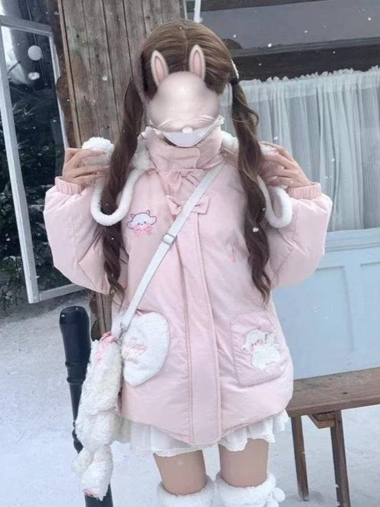 Cute Sweet Girl Little Lamb Hooded Cotton Jacket Women Warm Kawaii Light Pink Thickened Soft Coat Harajuku Casual Clothing 2025