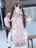 Cute Sweet Girl Little Lamb Hooded Cotton Jacket Women Warm Kawaii Light Pink Thickened Soft Coat Harajuku Casual Clothing 2025