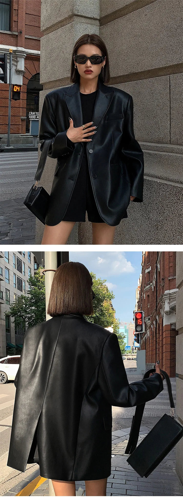 Women Black Brown Soft PU Leather Blazer Shoulder Pads Long Sleeve Single Breasted Loose Casual Jacket Tops Korean Fashion Coat