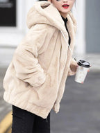 Plush hooded jacket for women mid-length winter new loose plush warm long sleeves plush Short jacket fashion casual coat