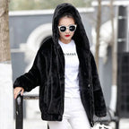 Plush hooded jacket for women mid-length winter new loose plush warm long sleeves plush Short jacket fashion casual coat