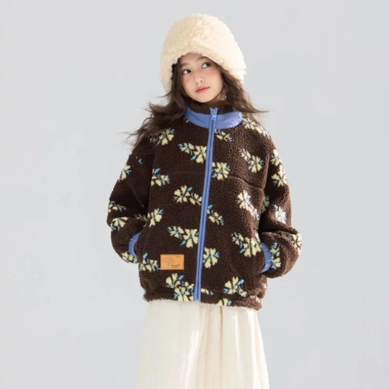 Girl's Winter Coat Floral Jacquard Lamb Fur Thickened Stylish Autumn Winter Toddler Kids Cotton Jacket