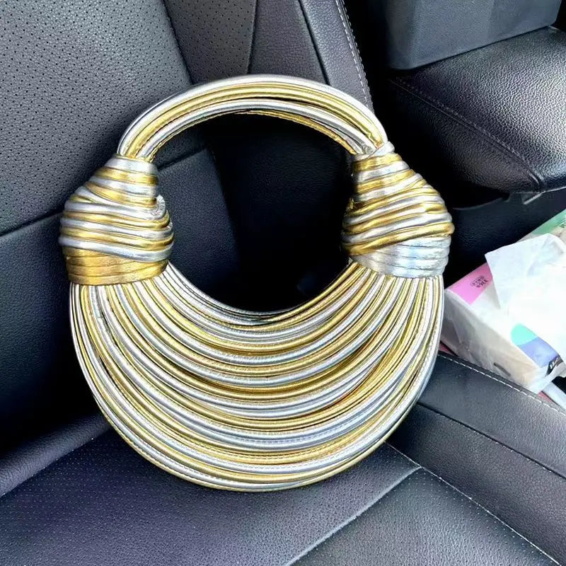 Women 2025 New Gold Luxury Designer Brand Handwoven Noodle Bags Rope Knotted Pulled Hobo Silver Evening Clutch Chic