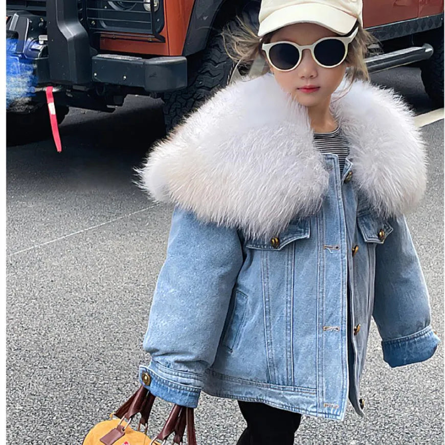 Winter New Children's Denim Parkas Nature Big For Fur Collar Design Thicker Warm Fur Coat Girls Down Jacket A3073