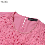 Stylish Women Desses ZANZEA 2025 Summer Lace Patchwork Dress Elegant Party Work Sundress Short Sleeve Pleated Vestidos Midi Robe