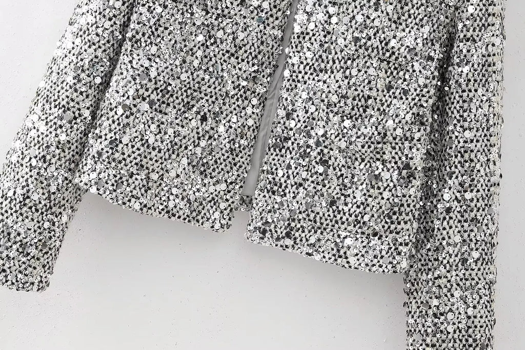 BKQU Tweed Sequined Jackets Women Casual Loose Round Neck Long Sleeved Cropped Silver Cardigan Autumn Female Warm Elegant Coats