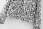 BKQU Tweed Sequined Jackets Women Casual Loose Round Neck Long Sleeved Cropped Silver Cardigan Autumn Female Warm Elegant Coats