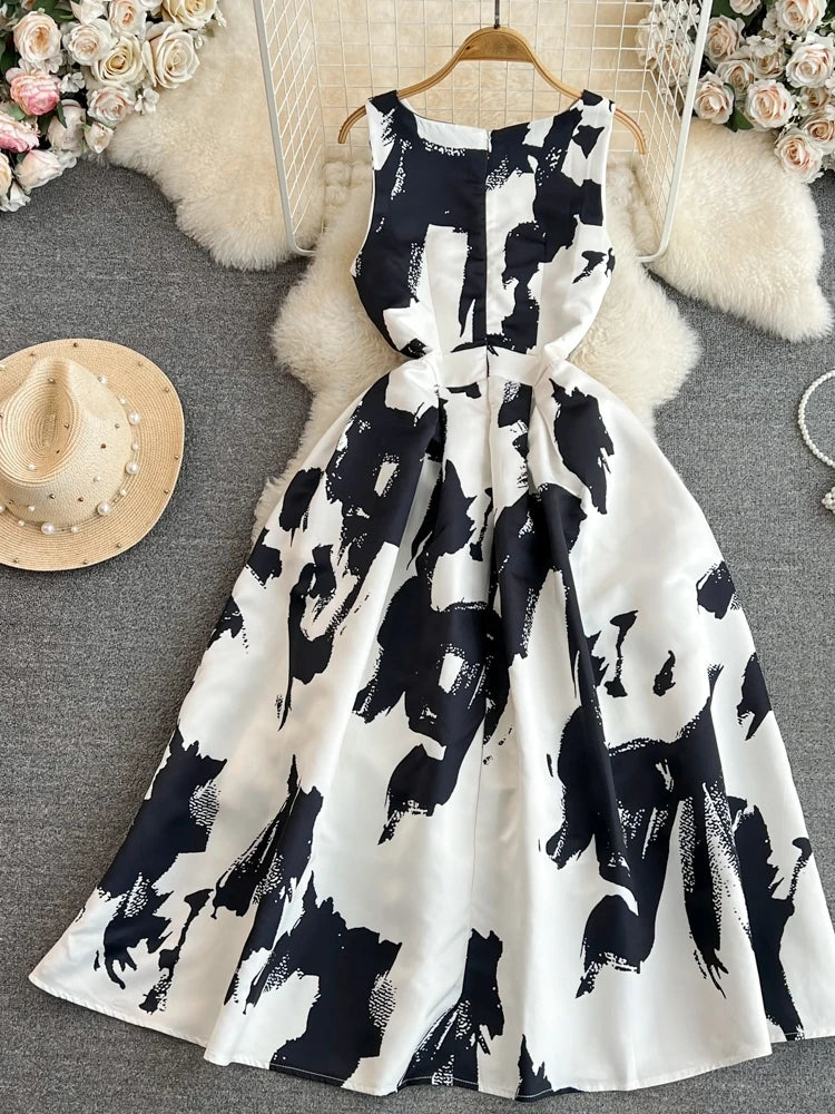Faionable Ele Vest Long Dr High Waist Slim A-Line Print Maxi Skirt round Ne Svel Women's Summer Dr