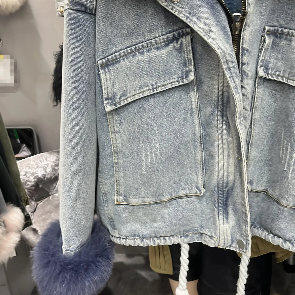 Fox Fur Denim Jacket for Women Fleece-Lined and Thickened Winter 2025 New Korean Style Loose Fit Batwing Sleeve Cotton Coat