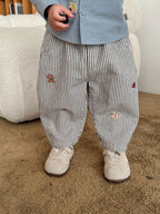 2025 Fall New Toddler Kids Pants Cotton Cartoon Embroidered Harem Pants Baby Boy Casual Striped Denim Baggy Trousers
