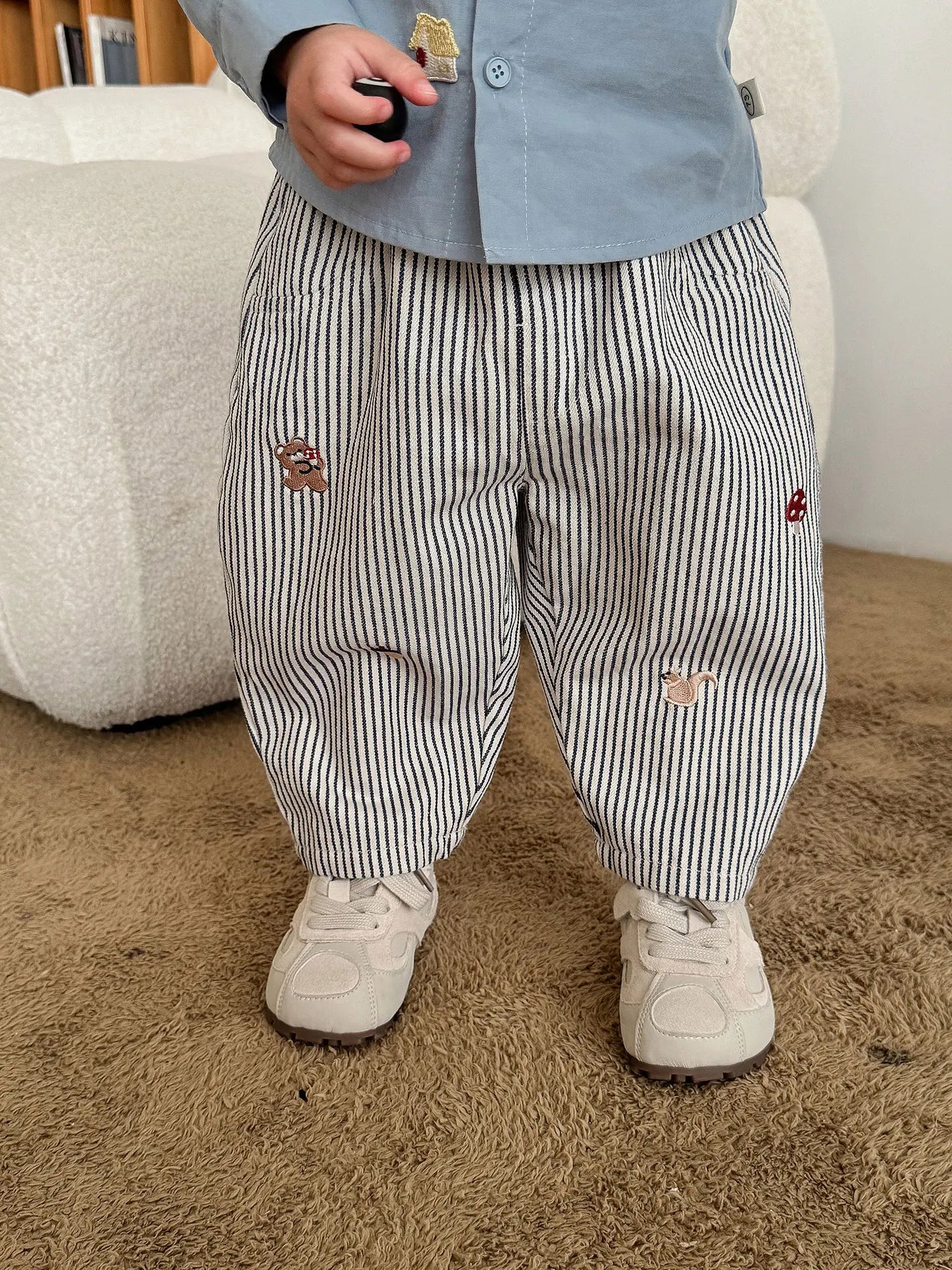 2025 Fall New Toddler Kids Pants Cotton Cartoon Embroidered Harem Pants Baby Boy Casual Striped Denim Baggy Trousers