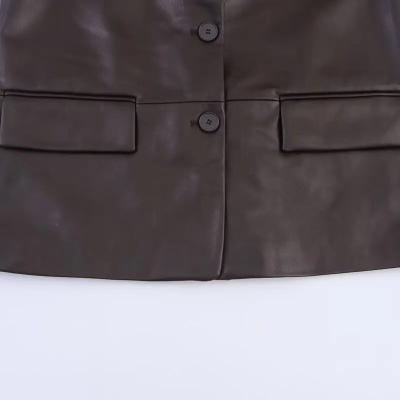 Fall 2025 New Women's Loose Straight Leather Effect Suit Jaet Faionable Long Sve PU Leather ort Outerwear