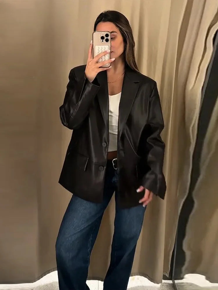 Leather Jacket For Woman Vintage Outwear Turn-Down Collar Coat Loose Autumn Tops Insulated Bomber Jacket Cool Girl Clothes