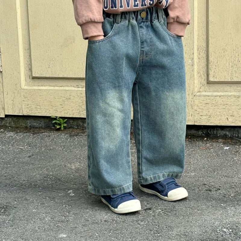 Children Wide Leg Jeans Spring Autumn Boy and Girl Elastic Waist Straight Leg Denim Pants Kids Casual Versatile Trousers A40056