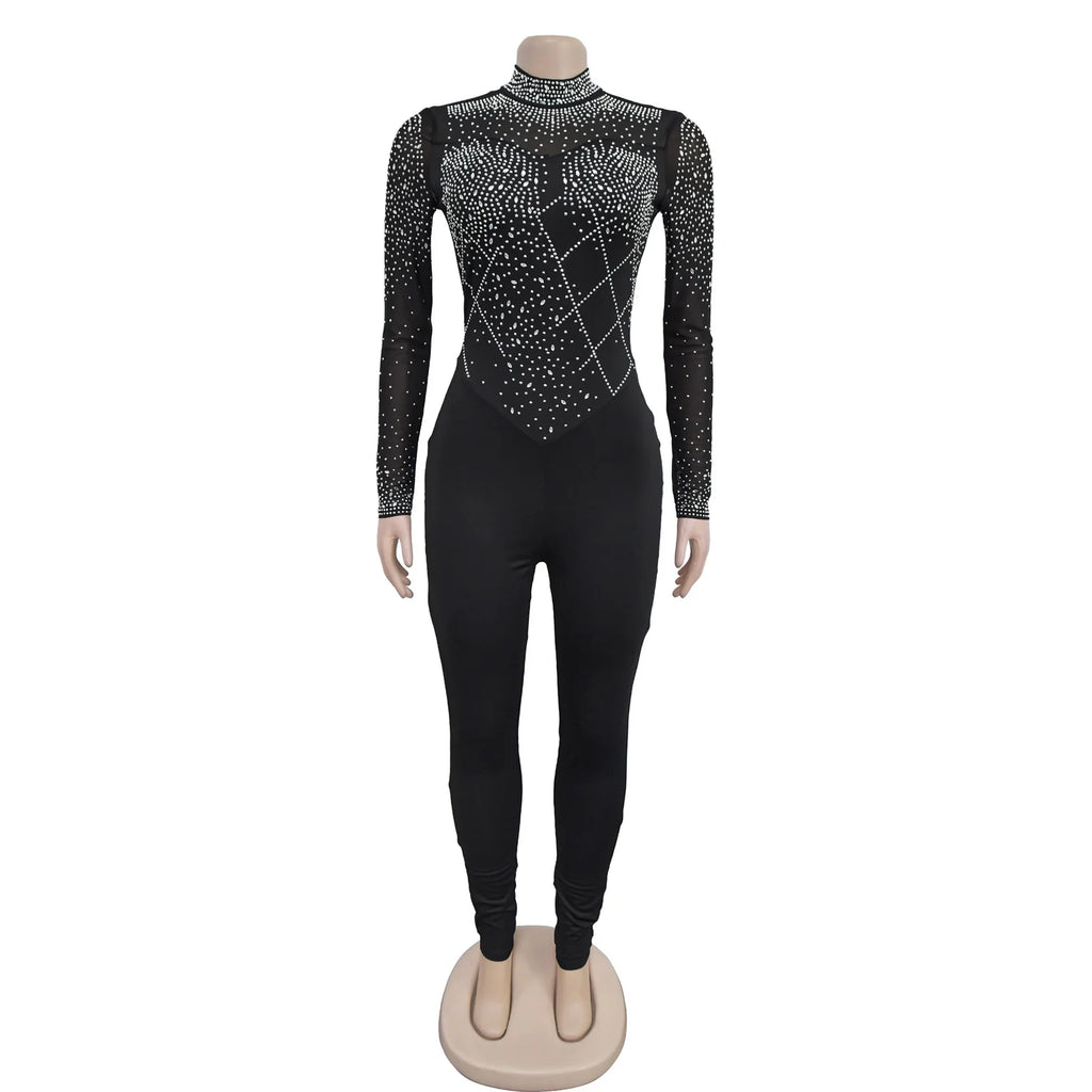 Women's Glittery Rhinestones Gymnastics Jumpsuit Sheer Mesh Patchwork Mock Neck Long Sleeve Dance Rompers One-piece Bodysuit