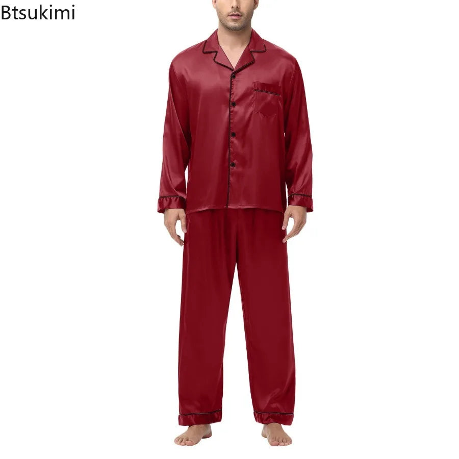 Men Pajamas Set Silk Satin Sleepwear