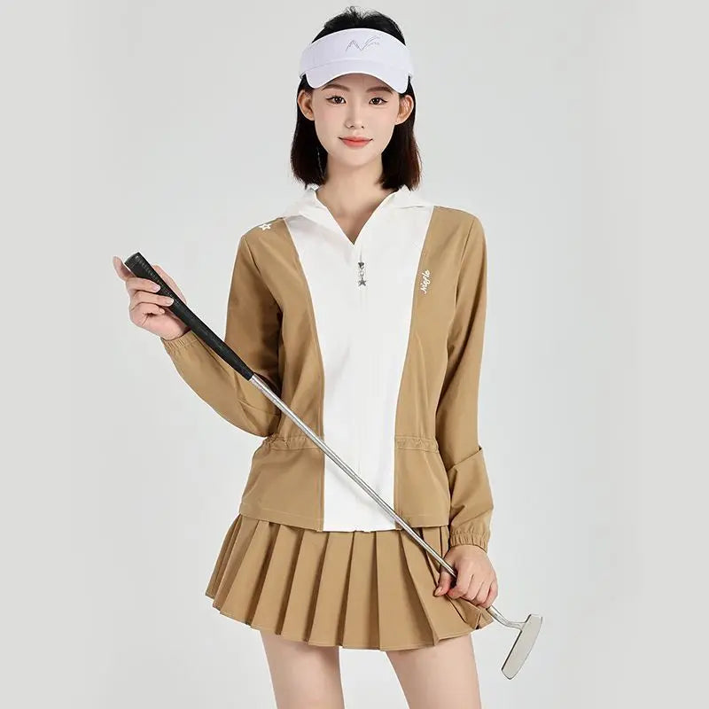 Women's Golf Jacket: Windproof & Warm, Color-Blocked, Fashionable, High-Quality Sports Set with Skirt