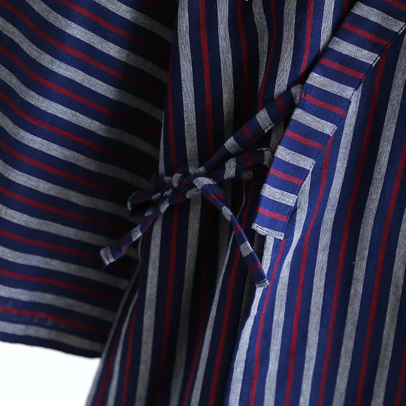 Blue Red Striped Printed Robe for Men 100% Cotton Kimono Men Bathrobe for Spring Autumn 100% Cotton Long Style Men Kimono Robe