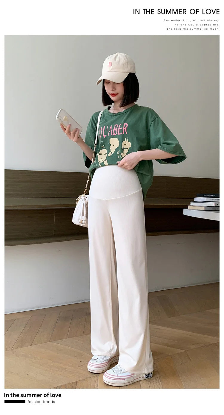 Maternity Clothings Maternity Wide Leg Pregnancy Pants Wear Trousers with Vertical Stripes Clothes for Pregnant Women