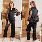Female Pajamas 2PCS Set Sexy Perspective Lace Long Sleeve Trouser Pijamas Suit Sleepwear Loose Silk Satin Homewear Loungewear
