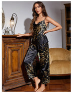 Women Pajamas Sexy Print Cherry Suspender Pijamas Suit Sleepwear Spring Summer Silk Rayon Home Clothes Sling Pants Two Piece Set