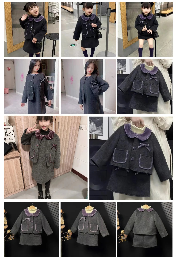 Children Elegance Top Clothing Autumn Winter Girls Clothes Set Fashion Retro Woolen Coat Jacket+Short Skirt 2Pcs Suits Kids suit