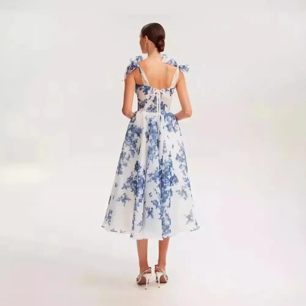 French Super Fairy Holiday Suspender Sleeveless Waist Printed Dress Slim Fit Party Dress for Women Bandage Sweet Ladies Dress