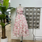 Summer New Women Retro Printed A-line Strap Dress With High Waist Wrinkled Long Dresses Beach Party Birthday Celebrity Gown