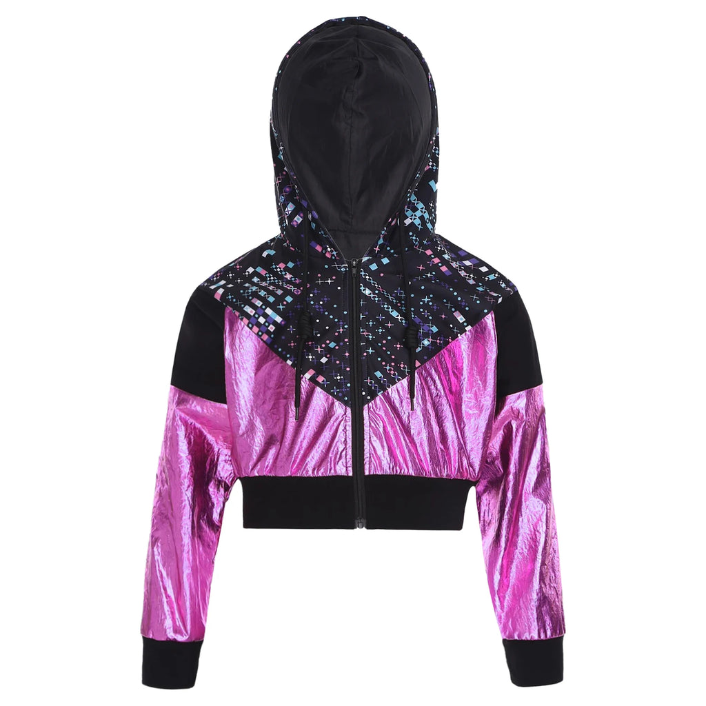 Girl Hooded Tops Long Sleeve Zipper Jacket Fashion Print Short Jacket Casual Coat Outerwear Jazz Dance Performance Costume