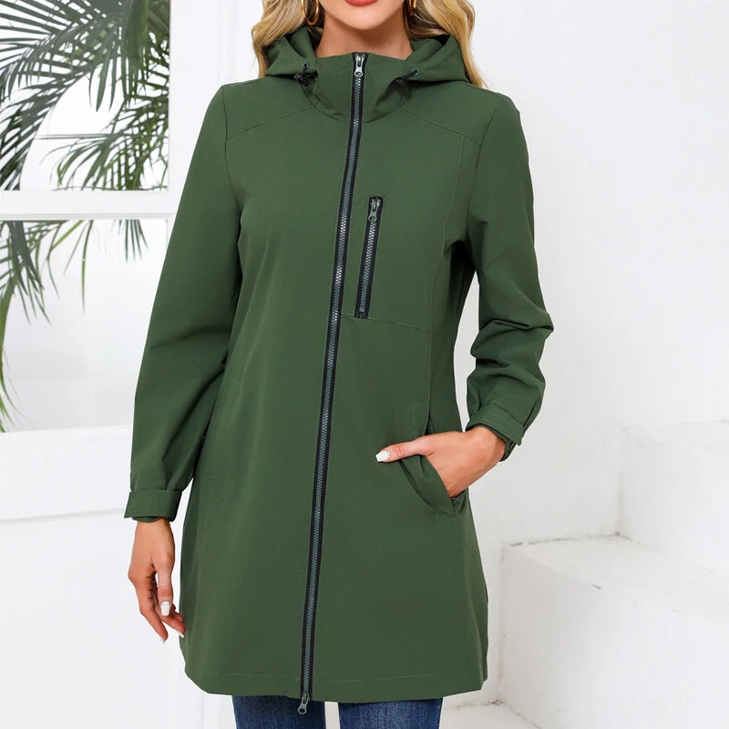 Women's Water-Repellent Hooded Windbreaker Casual Loose Solid Long Sleeve Outdoor Sports Trench Coat Spring Autumn Jacket