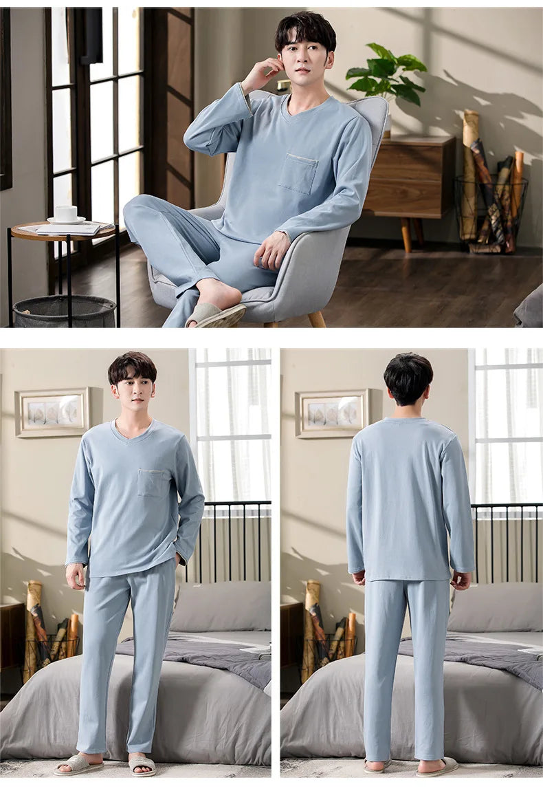 Fashion Lounge Pajamas Sets Men's Spring New Long-sleeved Tops with Trousers Cotton Homewear Comfort Simple Sleepwear Two Pieces