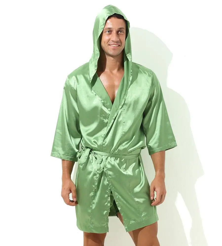 Sexy Sleepwear Men Robes Bathrobes Soft Silky Short Sleeve Nightgown Mens Homewear Dressing Gown Male Pajamas (No shorts)