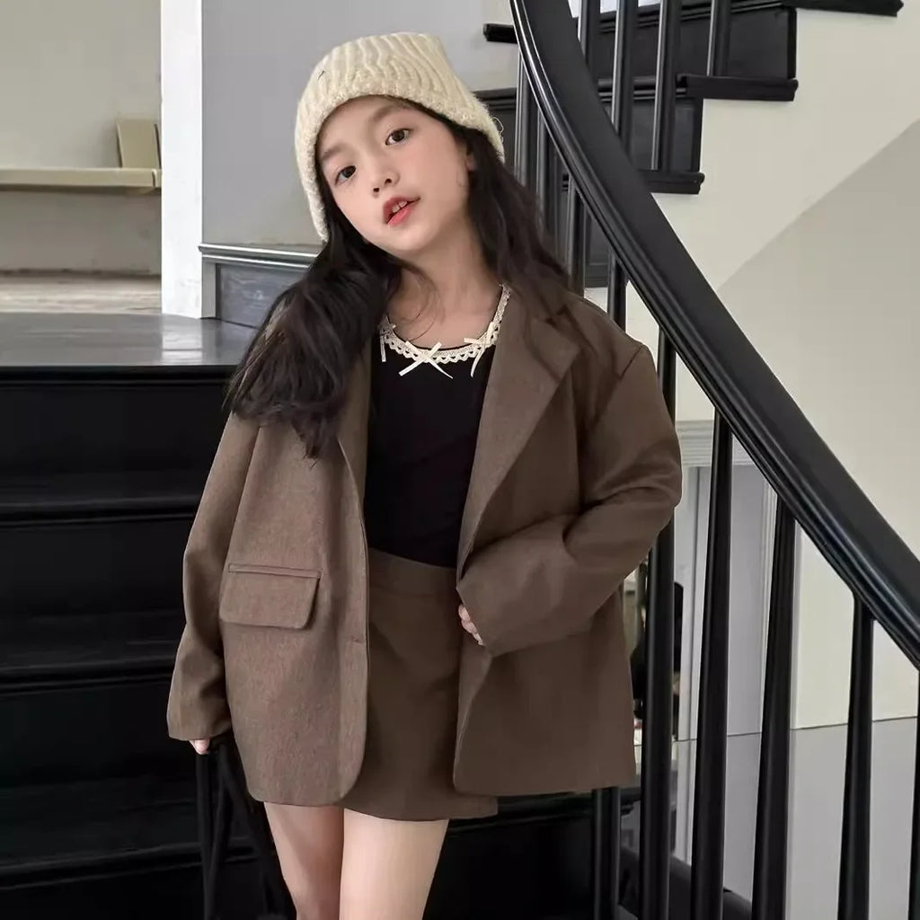 Suit skirt set for autumn 2024 loose suit jacket and skirt shorts for children and girls fashionable suit trendy kids clothes