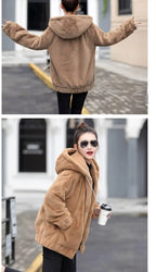 Plush hooded jacket for women mid-length winter new loose plush warm long sleeves plush Short jacket fashion casual coat