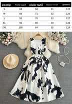 Faionable Ele Vest Long Dr High Waist Slim A-Line Print Maxi Skirt round Ne Svel Women's Summer Dr