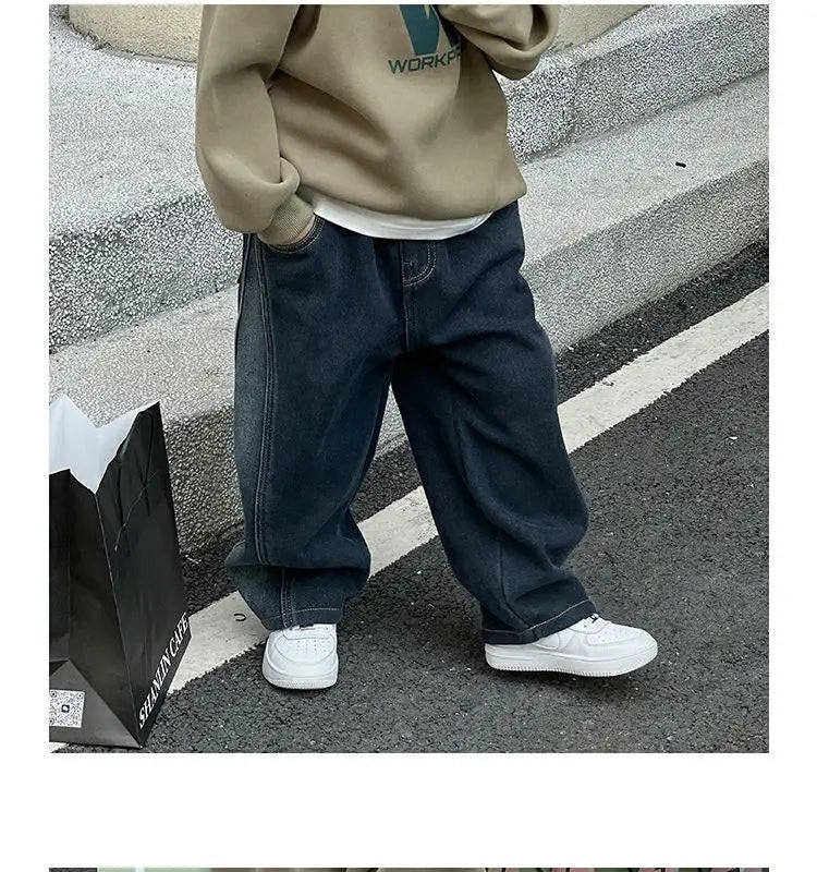 2-12Y Childrens Boys Denim Pants One-piece Fleece Thickened Autumn Winter Casual Kids Baby Boys Pants Toddler Boys Warm Jeans